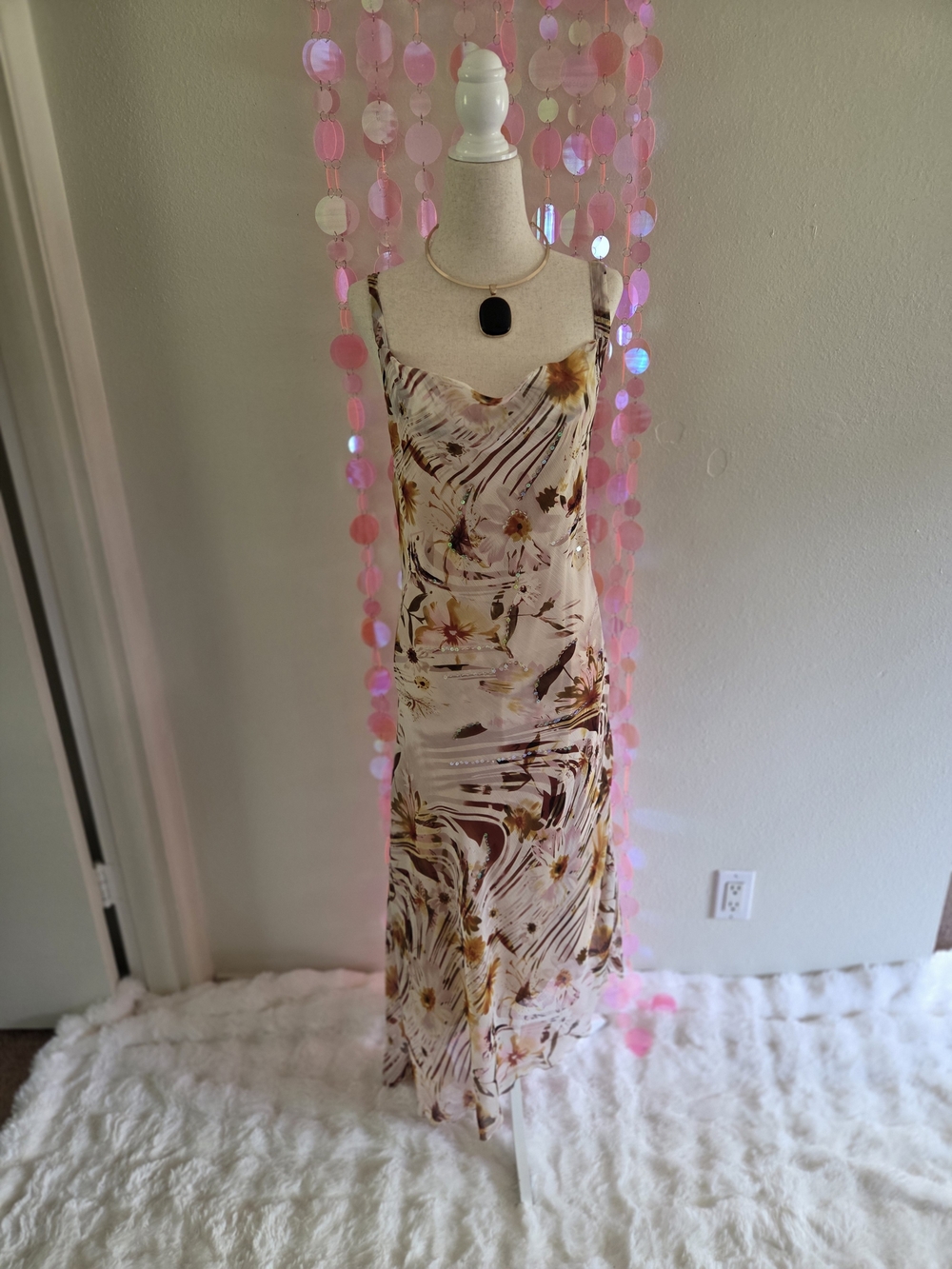 Mlle Gabrielle Cream Slip Dress with Pink and Brown Floral Print
